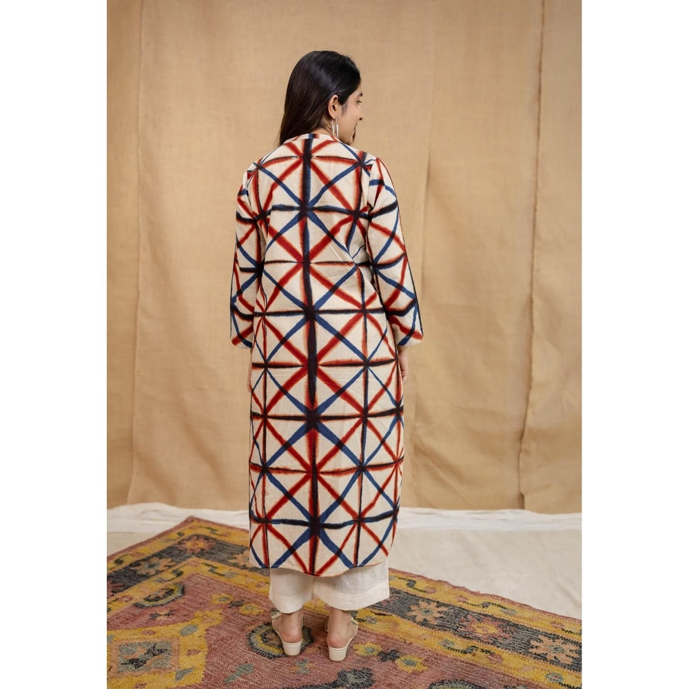 The Indian Ethnic Co. White Straight Clamp Dyed Linen Cotton Hand Block Printed Kurta