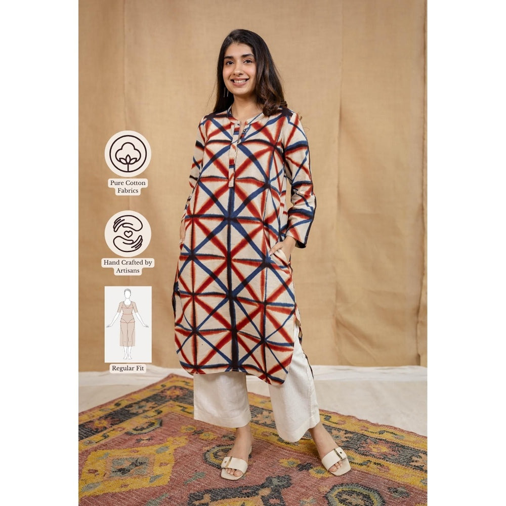 The Indian Ethnic Co. White Straight Clamp Dyed Linen Cotton Hand Block Printed Kurta