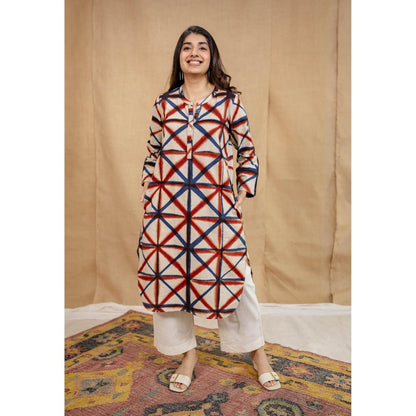 The Indian Ethnic Co. White Straight Clamp Dyed Linen Cotton Hand Block Printed Kurta