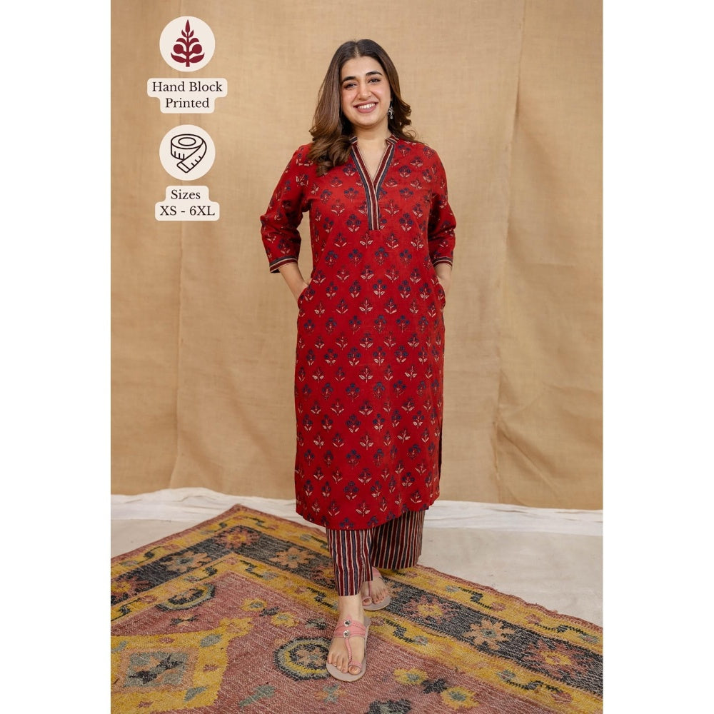 The Indian Ethnic Co. Red Straight Ajrakh Cotton Hand Block Printed Kurta