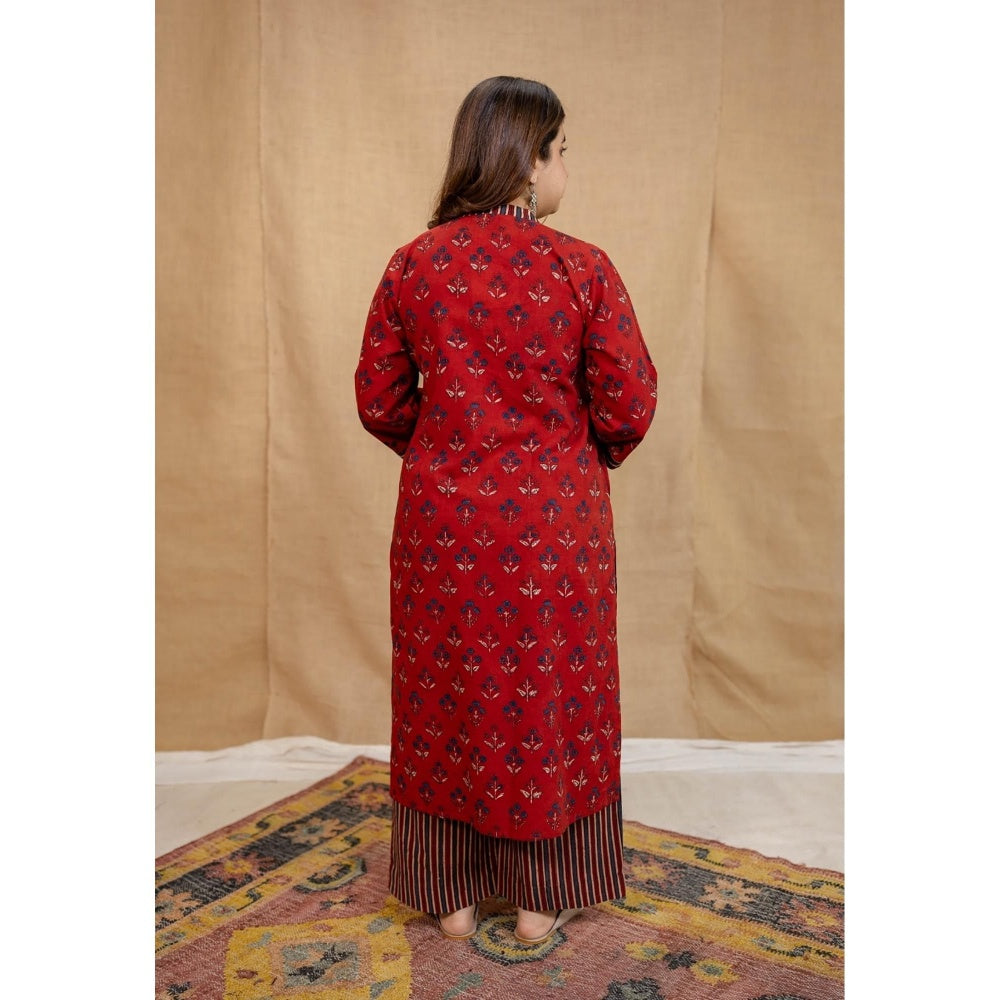 The Indian Ethnic Co. Red Straight Ajrakh Cotton Hand Block Printed Kurta