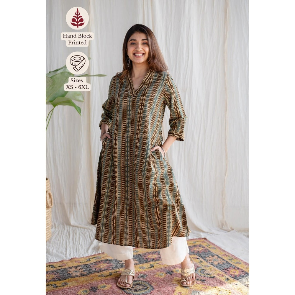 The Indian Ethnic Co. Green A-Line Ajrakh Cotton Hand Block Printed Kurta