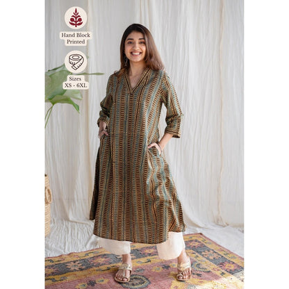 The Indian Ethnic Co. Green A-Line Ajrakh Cotton Hand Block Printed Kurta