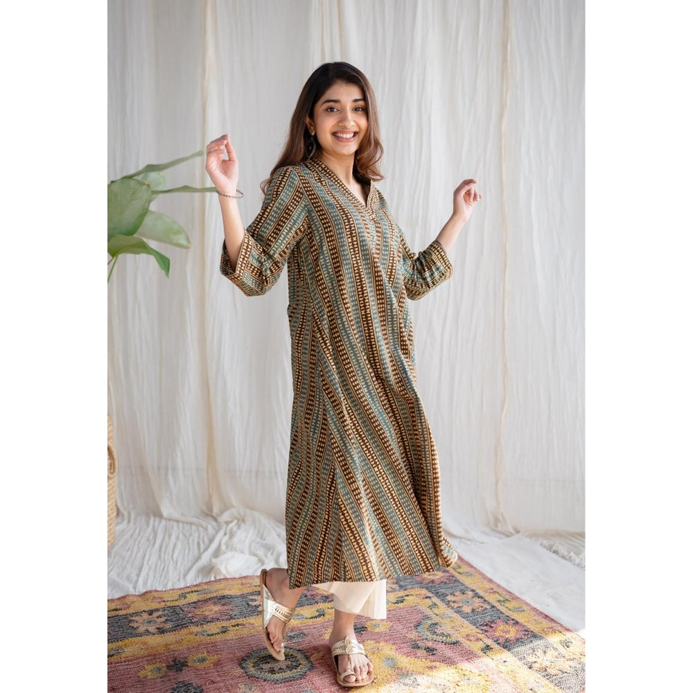 The Indian Ethnic Co. Green A-Line Ajrakh Cotton Hand Block Printed Kurta
