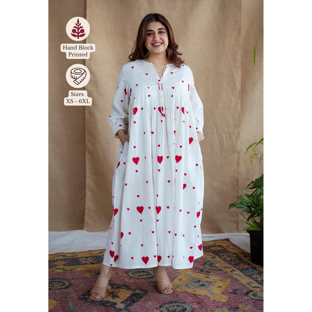The Indian Ethnic Co. White A-Line Cotton Hand Block Printed Dress