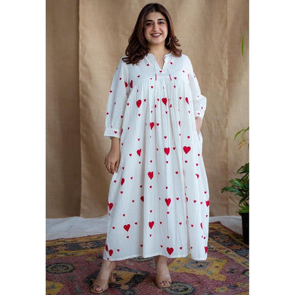 The Indian Ethnic Co. White A-Line Cotton Hand Block Printed Dress