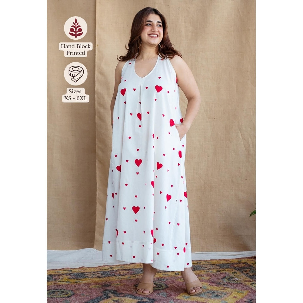 The Indian Ethnic Co. White A-Line Cotton Hand Block Printed Sleeveless Dress