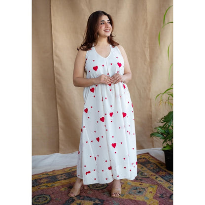 The Indian Ethnic Co. White A-Line Cotton Hand Block Printed Sleeveless Dress