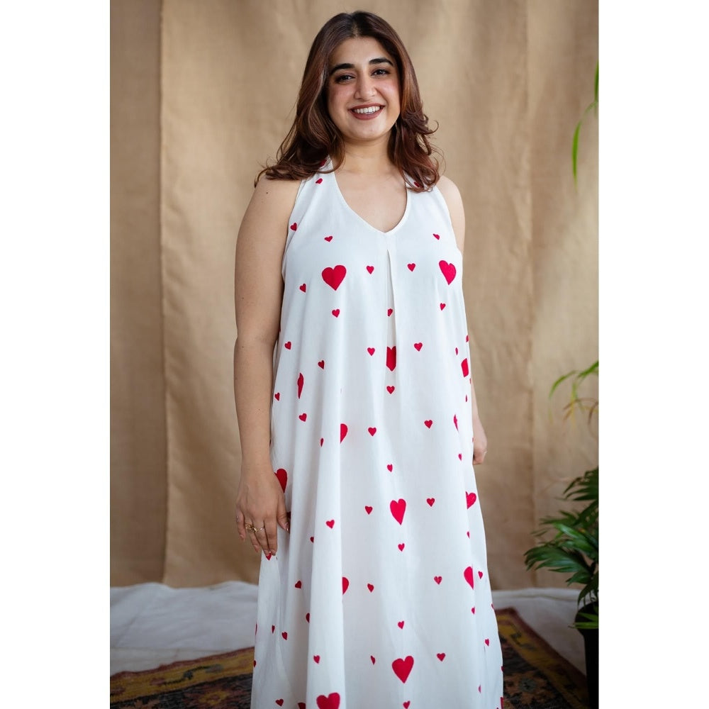 The Indian Ethnic Co. White A-Line Cotton Hand Block Printed Sleeveless Dress