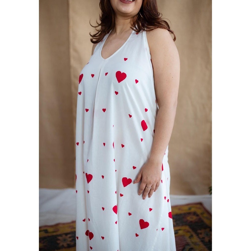 The Indian Ethnic Co. White A-Line Cotton Hand Block Printed Sleeveless Dress