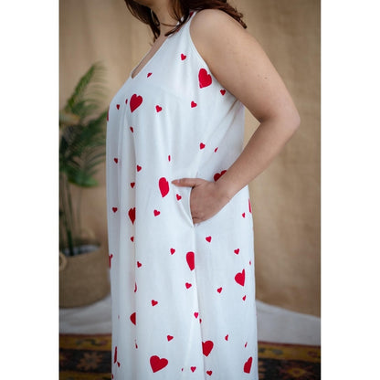 The Indian Ethnic Co. White A-Line Cotton Hand Block Printed Sleeveless Dress