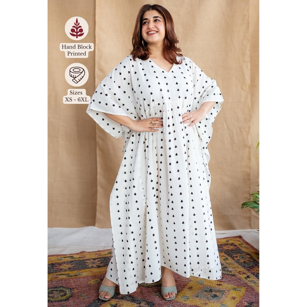 The Indian Ethnic Co. White Loose Dabu Cotton Hand Block Printed Kaftan Dress