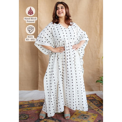 The Indian Ethnic Co. White Loose Dabu Cotton Hand Block Printed Kaftan Dress