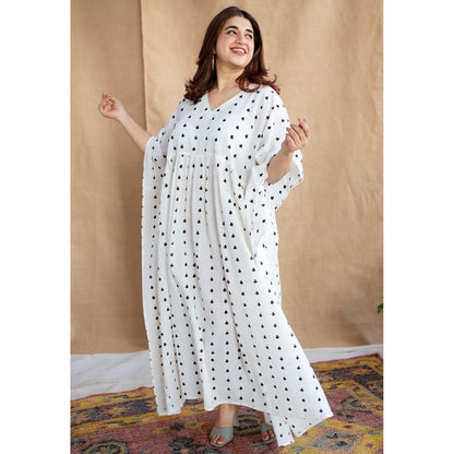 The Indian Ethnic Co. White Loose Dabu Cotton Hand Block Printed Kaftan Dress