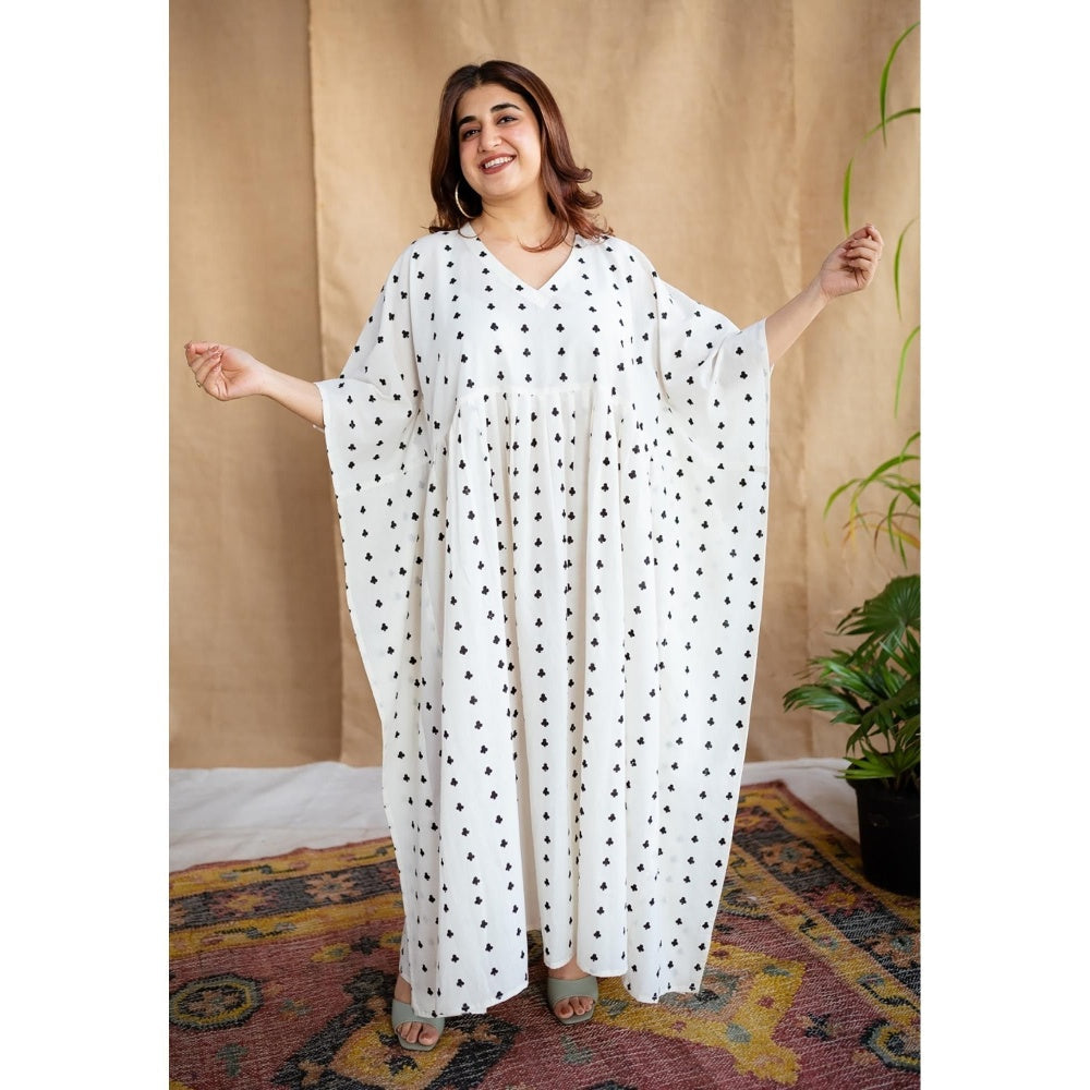 The Indian Ethnic Co. White Loose Dabu Cotton Hand Block Printed Kaftan Dress