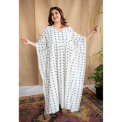 The Indian Ethnic Co. White Loose Dabu Cotton Hand Block Printed Kaftan Dress