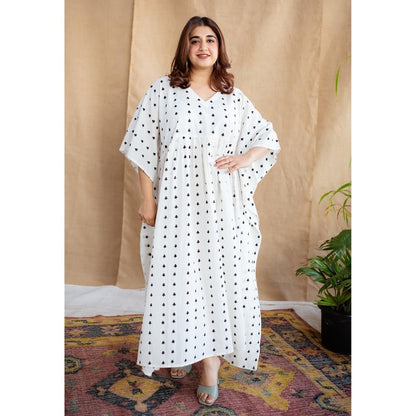 The Indian Ethnic Co. White Loose Dabu Cotton Hand Block Printed Kaftan Dress