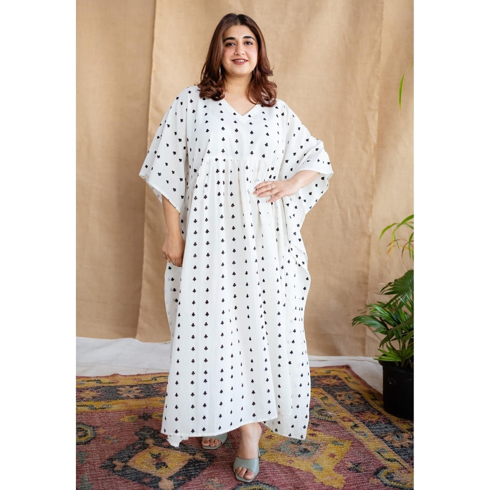 The Indian Ethnic Co. White Loose Dabu Cotton Hand Block Printed Kaftan Dress