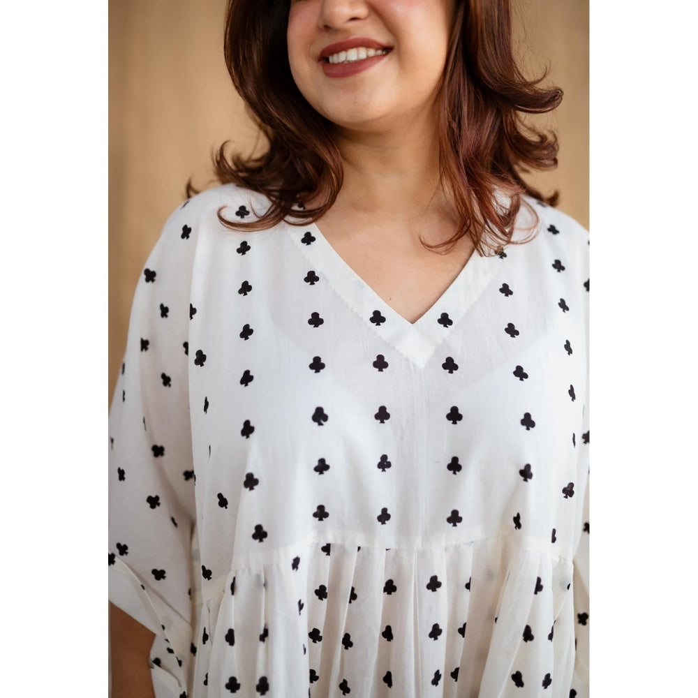 The Indian Ethnic Co. White Loose Dabu Cotton Hand Block Printed Kaftan Dress
