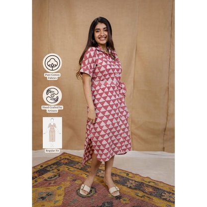 The Indian Ethnic Co. Pink Straight Hand Block Printed Dress with Belt (Set of 2)