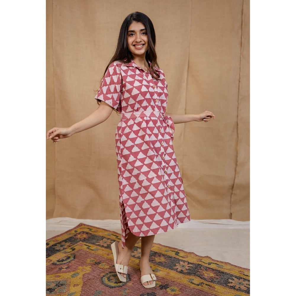 The Indian Ethnic Co. Pink Straight Hand Block Printed Dress with Belt (Set of 2)