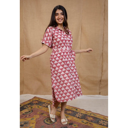 The Indian Ethnic Co. Pink Straight Hand Block Printed Dress with Belt (Set of 2)