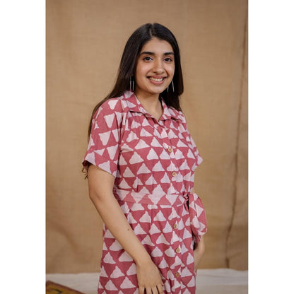 The Indian Ethnic Co. Pink Straight Hand Block Printed Dress with Belt (Set of 2)