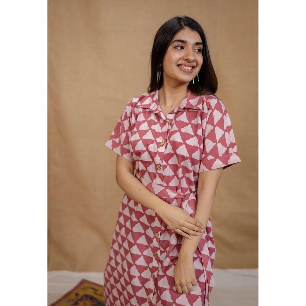The Indian Ethnic Co. Pink Straight Hand Block Printed Dress with Belt (Set of 2)