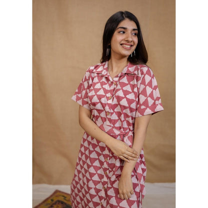 The Indian Ethnic Co. Pink Straight Hand Block Printed Dress with Belt (Set of 2)