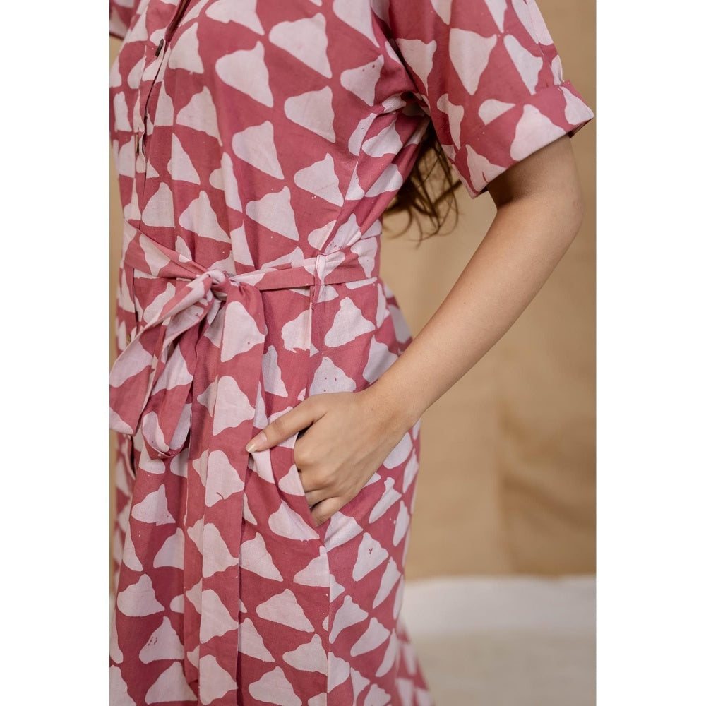 The Indian Ethnic Co. Pink Straight Hand Block Printed Dress with Belt (Set of 2)