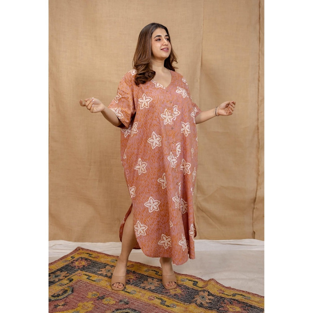 The Indian Ethnic Co. Peach Loose Hand Block Printed Dress