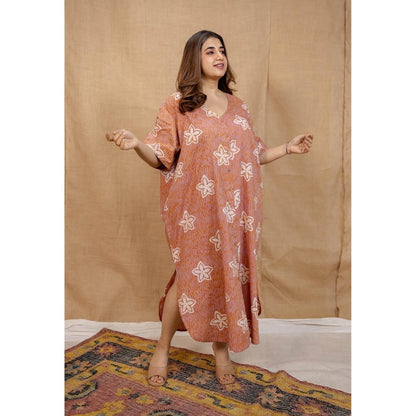 The Indian Ethnic Co. Peach Loose Hand Block Printed Dress