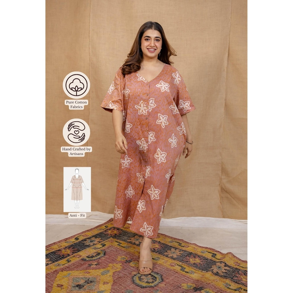 The Indian Ethnic Co. Peach Loose Hand Block Printed Dress