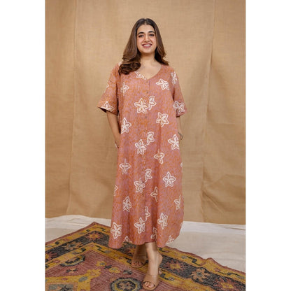 The Indian Ethnic Co. Peach Loose Hand Block Printed Dress
