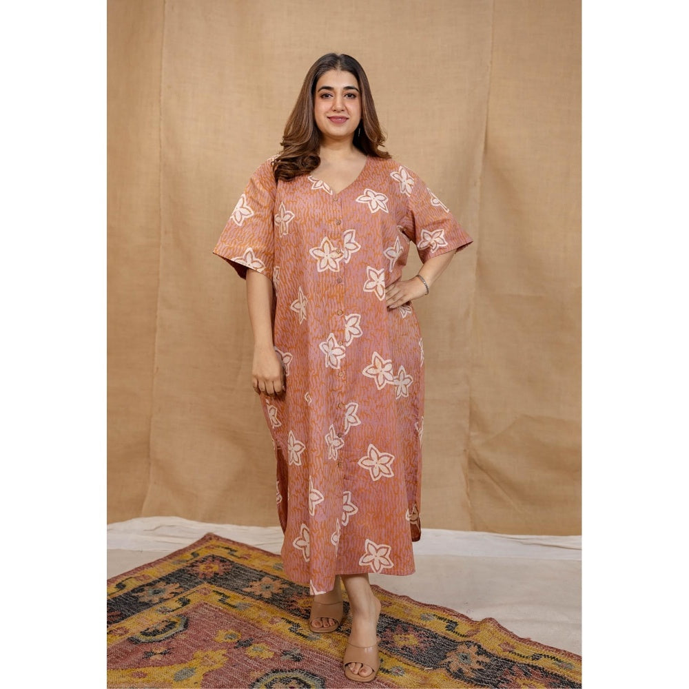 The Indian Ethnic Co. Peach Loose Hand Block Printed Dress