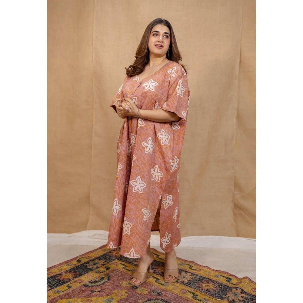 The Indian Ethnic Co. Peach Loose Hand Block Printed Dress