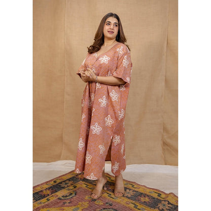 The Indian Ethnic Co. Peach Loose Hand Block Printed Dress