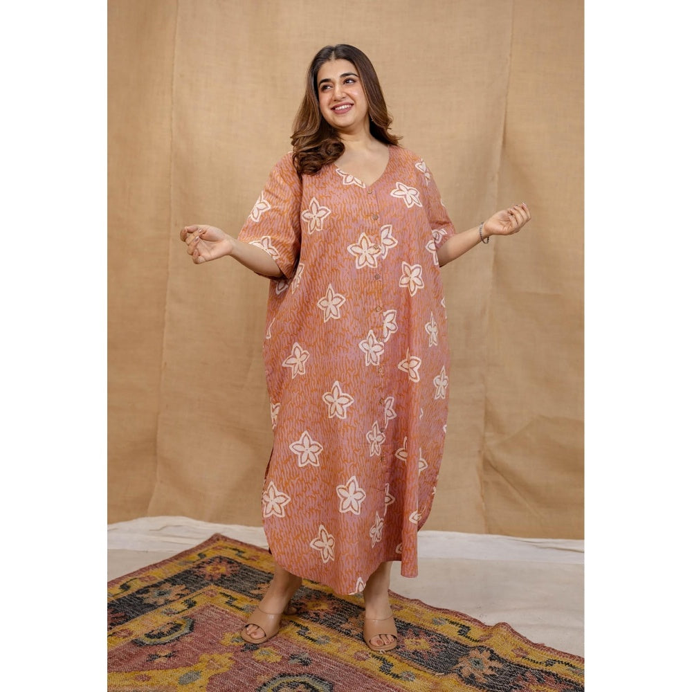 The Indian Ethnic Co. Peach Loose Hand Block Printed Dress