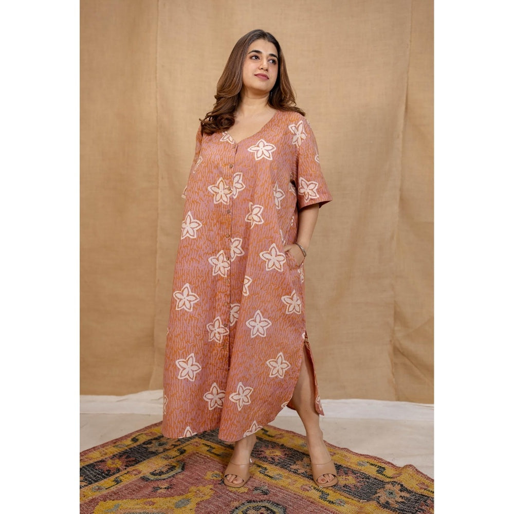 The Indian Ethnic Co. Peach Loose Hand Block Printed Dress