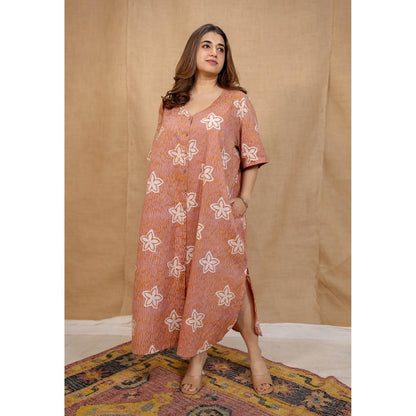 The Indian Ethnic Co. Peach Loose Hand Block Printed Dress