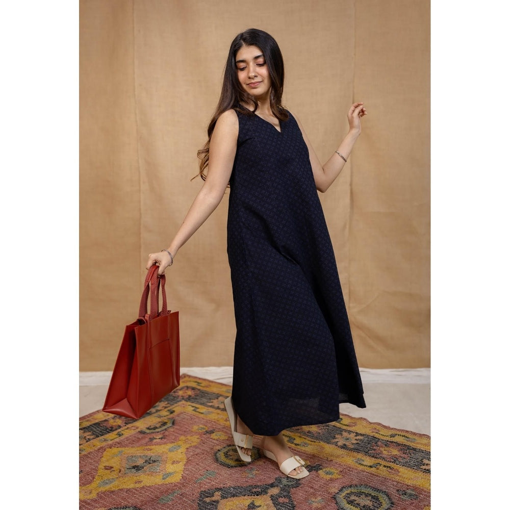 The Indian Ethnic Co. Blue A-Line Ajrakh Cotton Hand Block Printed Dress