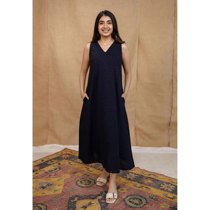 The Indian Ethnic Co. Blue A-Line Ajrakh Cotton Hand Block Printed Dress