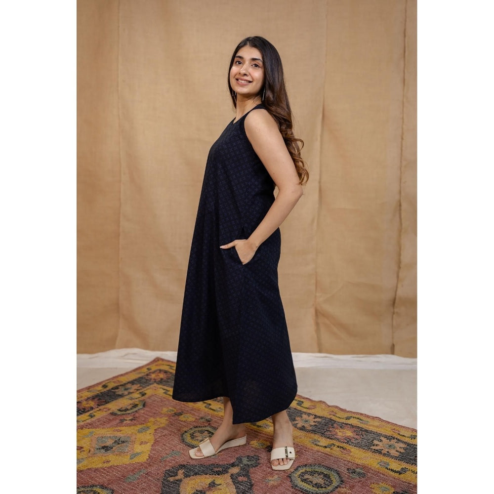 The Indian Ethnic Co. Blue A-Line Ajrakh Cotton Hand Block Printed Dress
