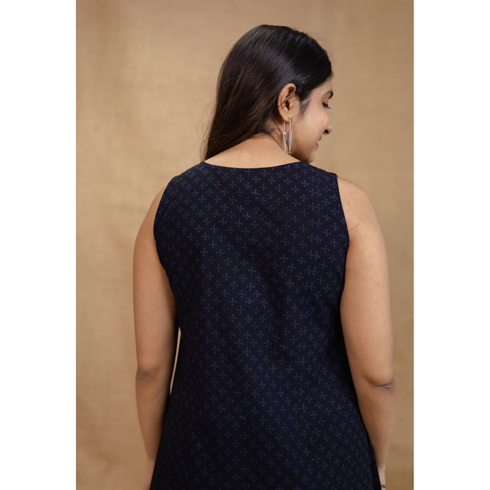 The Indian Ethnic Co. Blue A-Line Ajrakh Cotton Hand Block Printed Dress