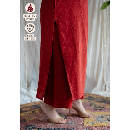 The Indian Ethnic Co. Red Straight Ajrakh Handblock Printed Cotton Pant