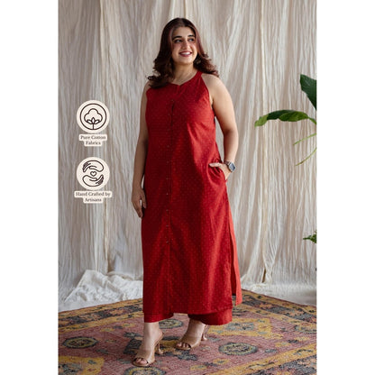 The Indian Ethnic Co. Red Straight Ajrakh Handblock Printed Cotton Pant