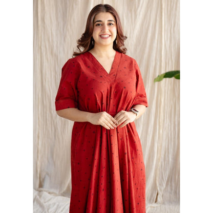 The Indian Ethnic Co. Red A-Line Ajrakh Printed Dress with V Neck & Hand Embroidered