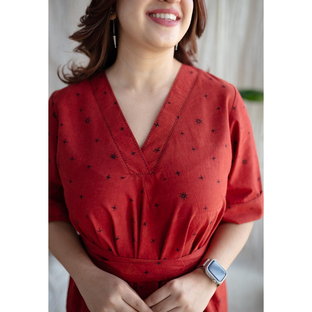 The Indian Ethnic Co. Red A-Line Ajrakh Printed Dress with V Neck & Hand Embroidered