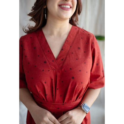 The Indian Ethnic Co. Red A-Line Ajrakh Printed Dress with V Neck & Hand Embroidered