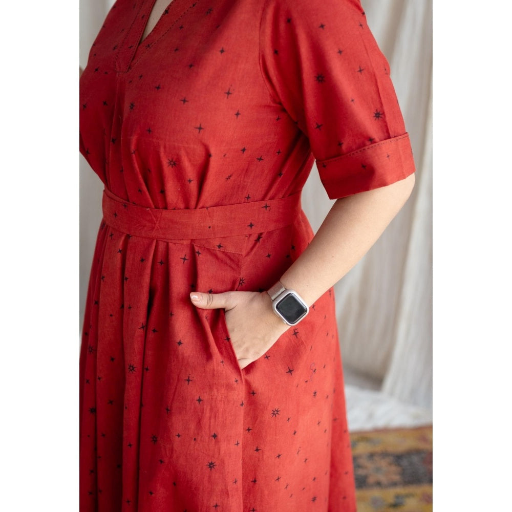 The Indian Ethnic Co. Red A-Line Ajrakh Printed Dress with V Neck & Hand Embroidered
